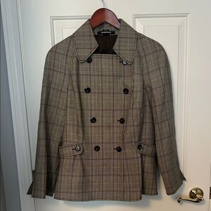 Ellen Tracy Tan Plaid Double-Breasted Blazer